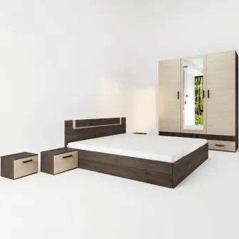 Dormitor Hoff Sparta, Pat 160x200 cm, Dulap 3 usi, 2 Noptiere, Stejar Cacao/ Castan Virginia